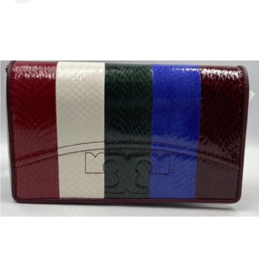 Tory Burch Leather Savannah Striped Chain Flat Wallet Crossbody Bag